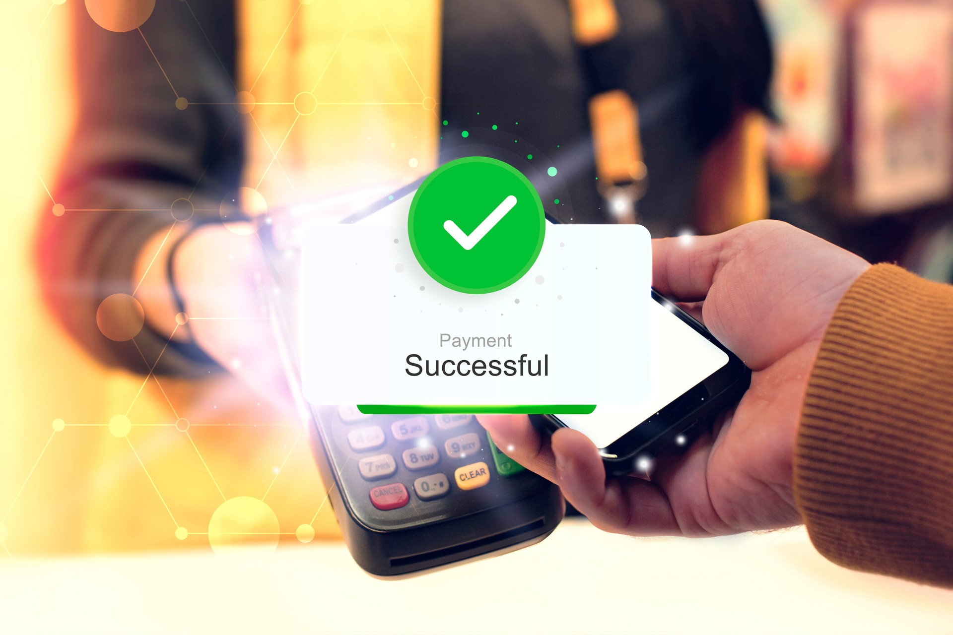 Smartphones near a POS terminal displaying a Payment Successful notification with a green checkmark. Online payment concept.